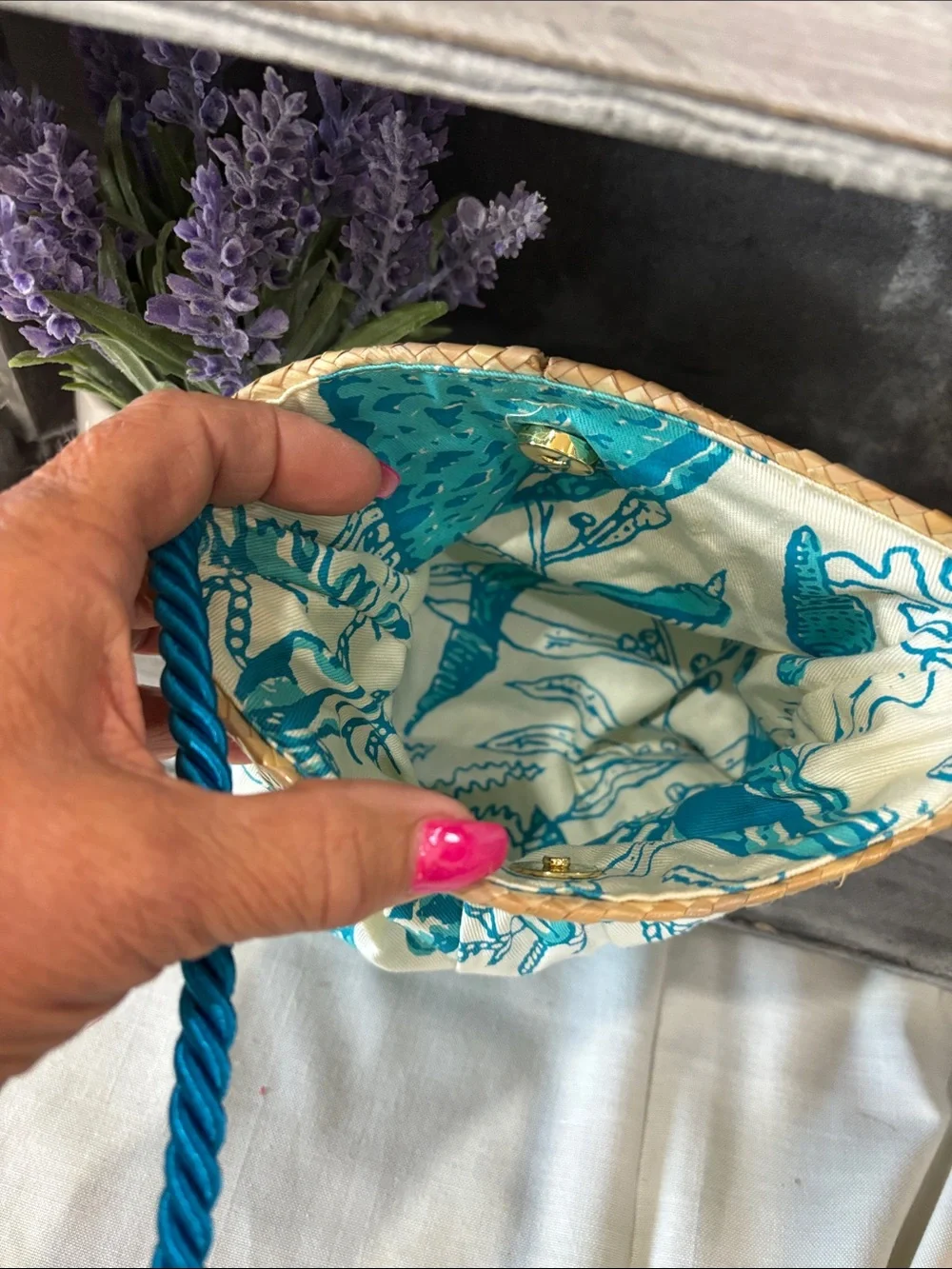 Teal Shell-Print Straw-Trim Crossbody Bag